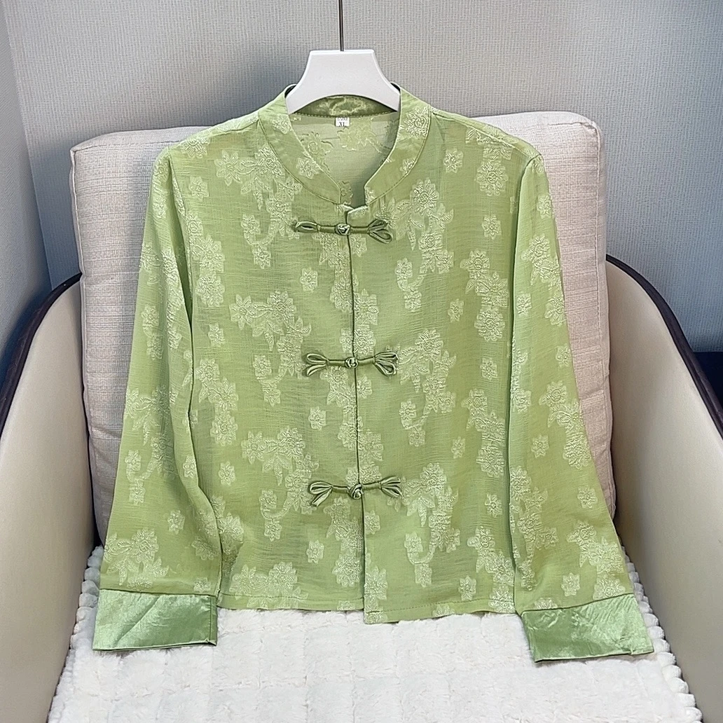【云裳容·青羽】国风新中式秋季新款三粒扣刻丝提花翻袖气质小衫女