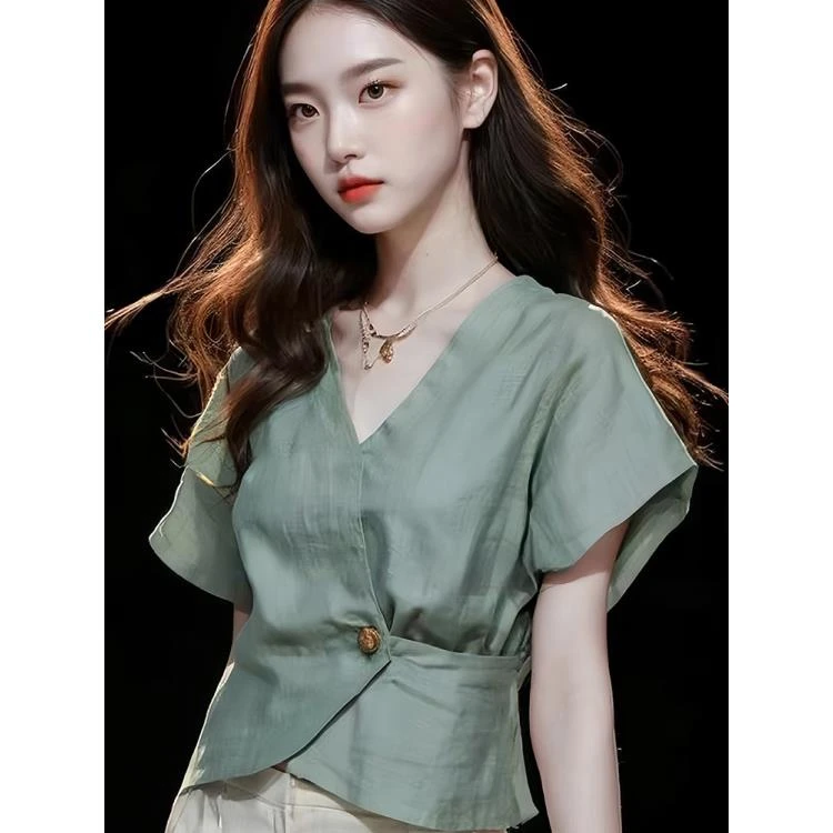 绿色短袖衬衫女2025新款夏季气质小衫收腰高级感独特别致雪纺上衣