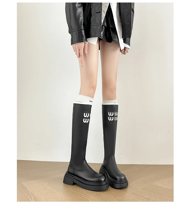 字母长靴子女2024秋冬款高筒靴厚底增高显瘦加绒字母骑士靴女靴子