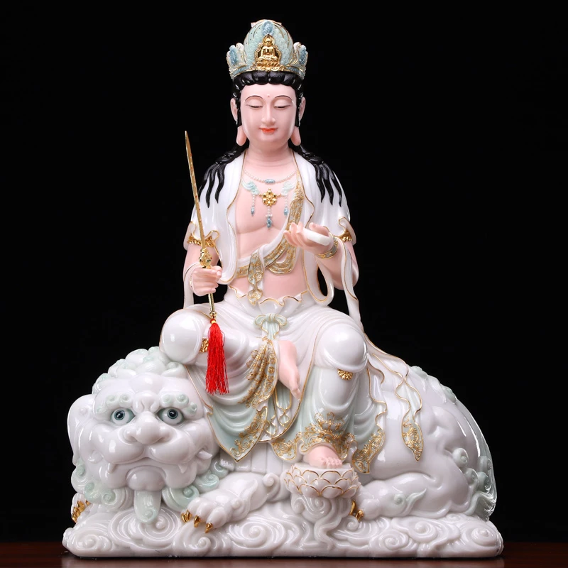 圆通玉石粉天清文殊普贤富贵彩华严三圣彩釉描金桌面古典装饰摆件