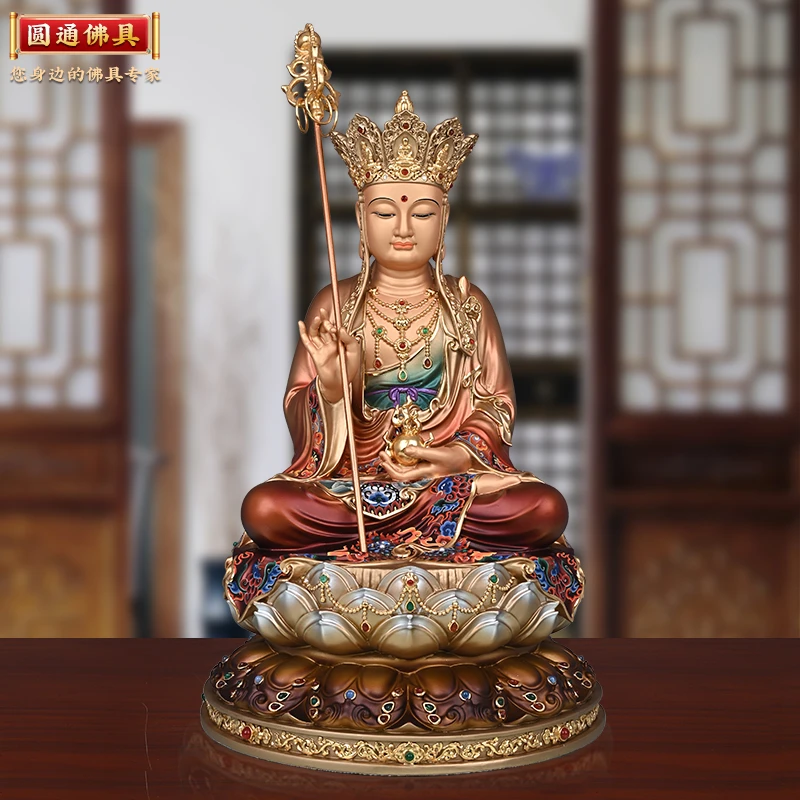 圆通黄铜盛唐彩地藏坐莲地藏王娑婆三圣大号手工家用新中式摆件