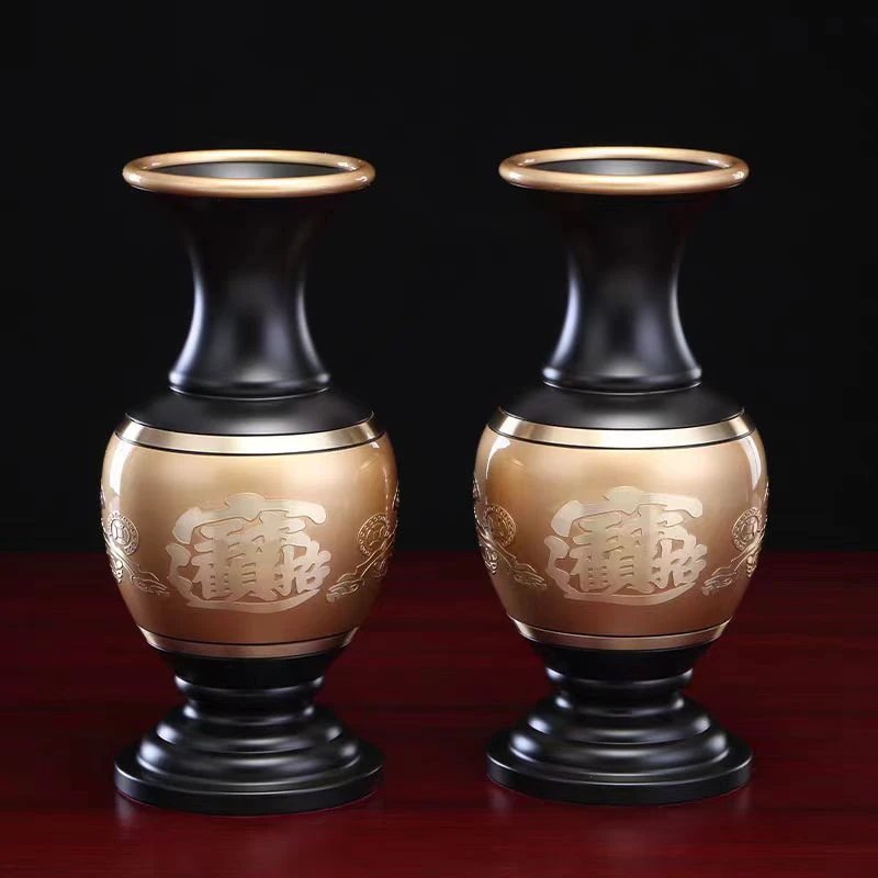 圆通黄铜双色招财花瓶古青色FO字净水瓶插花花瓶供瓶家居桌面装饰