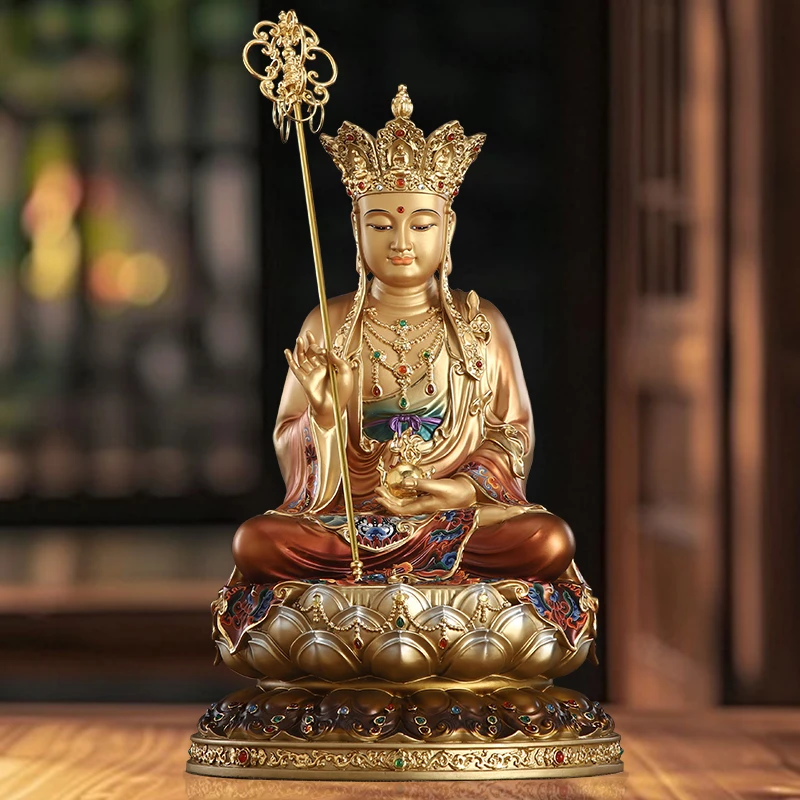圆通盛唐彩铜地藏王菩萨坐莲佛像娑婆三圣大号家用新中式佛堂摆件