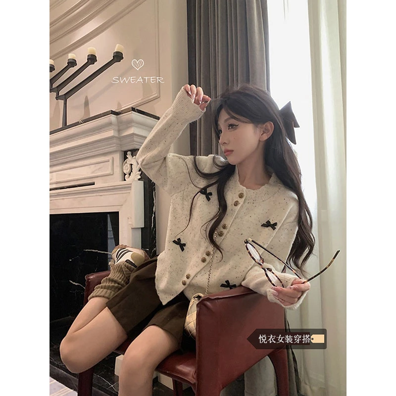 甜美蝴蝶结单排扣长袖毛衣针织衫女搭收腰气质减龄显瘦百褶裙套装