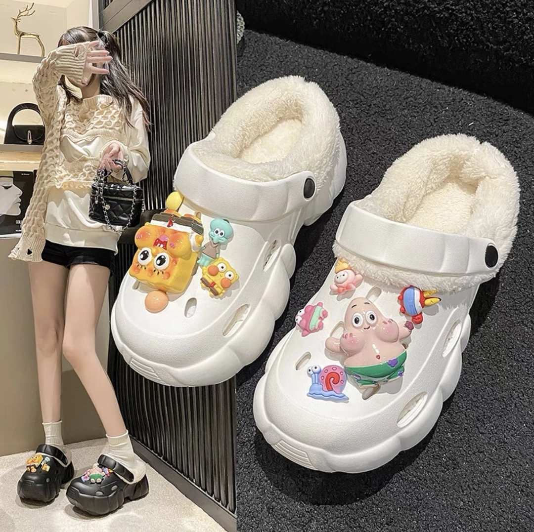 时尚2023新款棉拖鞋冬季外穿增高厚底洞洞鞋女包头半拖鞋防滑宿舍