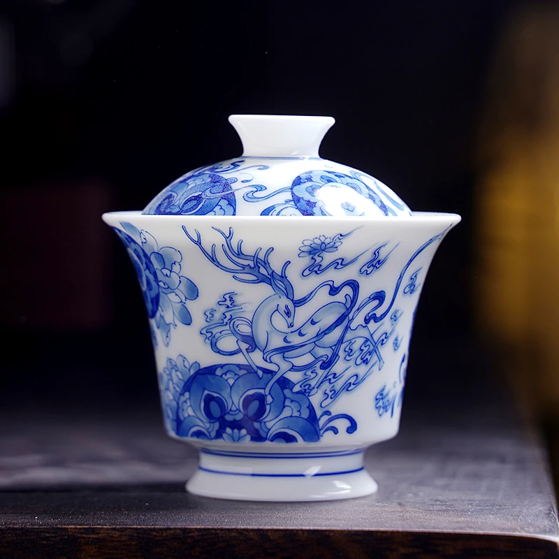 景德镇陶瓷纯手工绘茶器具柴窑盖碗主人闻香杯玉泥青花敦煌九色鹿