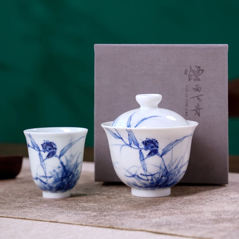 烟雨天青手绘茶器景德镇陶瓷釉下青花玉泥柴窑王步单翠盖碗主人杯