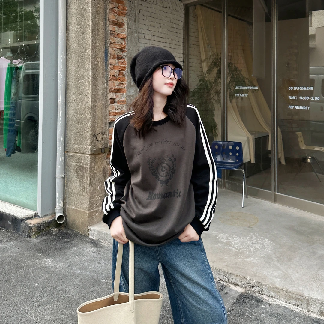 UNPRETTY BEAUTY百搭撞色织带插肩袖圆领厚版长袖T恤-HD232503