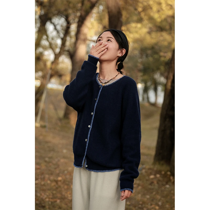 润帛【初祥】手工勾边山羊绒长袖开衫女原创设计圆领异色边针织上衣