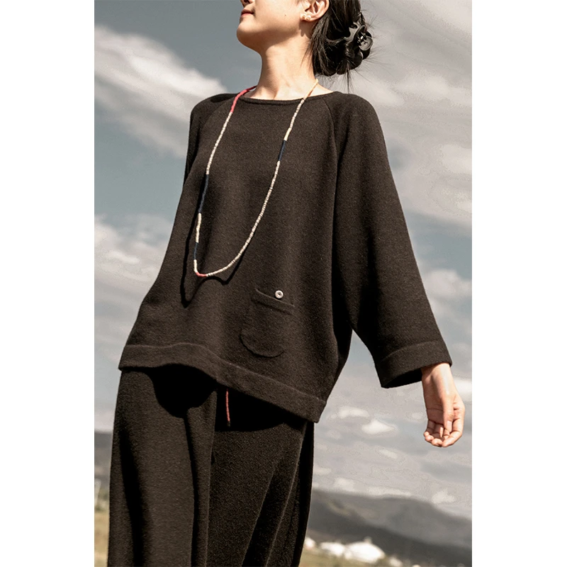 润帛【格调】民族风针织山羊绒圆领长袖单兜套衫女加厚加密宽松秋冬