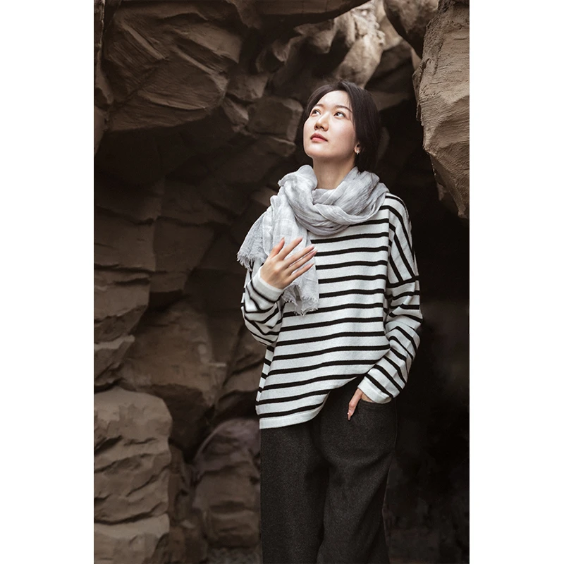 润帛【墨白】经典黑白条纹针织羊绒套头衫女百搭圆领条纹长袖秋冬