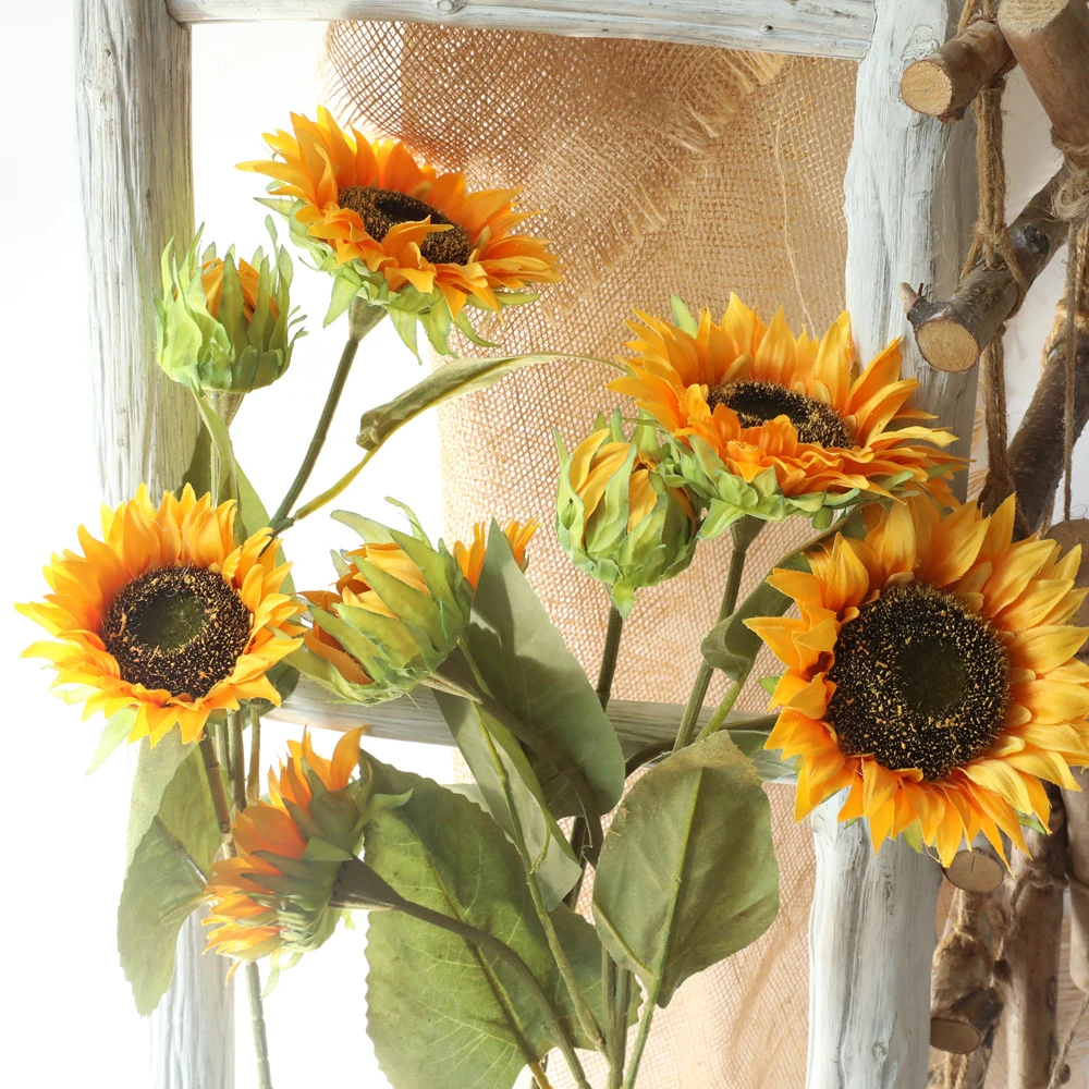 3枝 外贸仿真花三头向日葵黄色太阳花手工假花田园风家居装饰