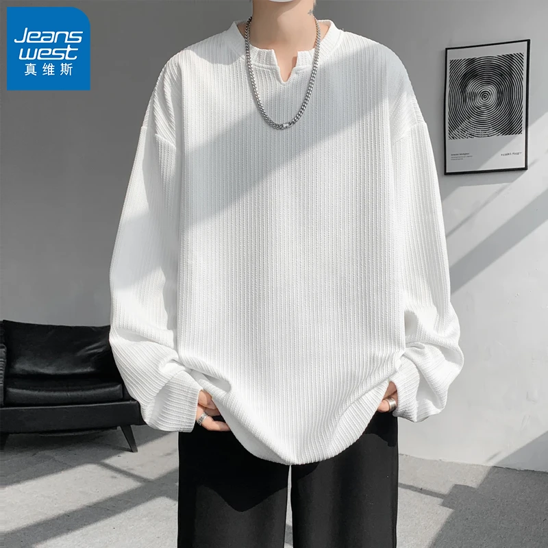 真维斯V领长袖T恤男款春秋季休闲百搭上衣服针织港风潮流ins体恤