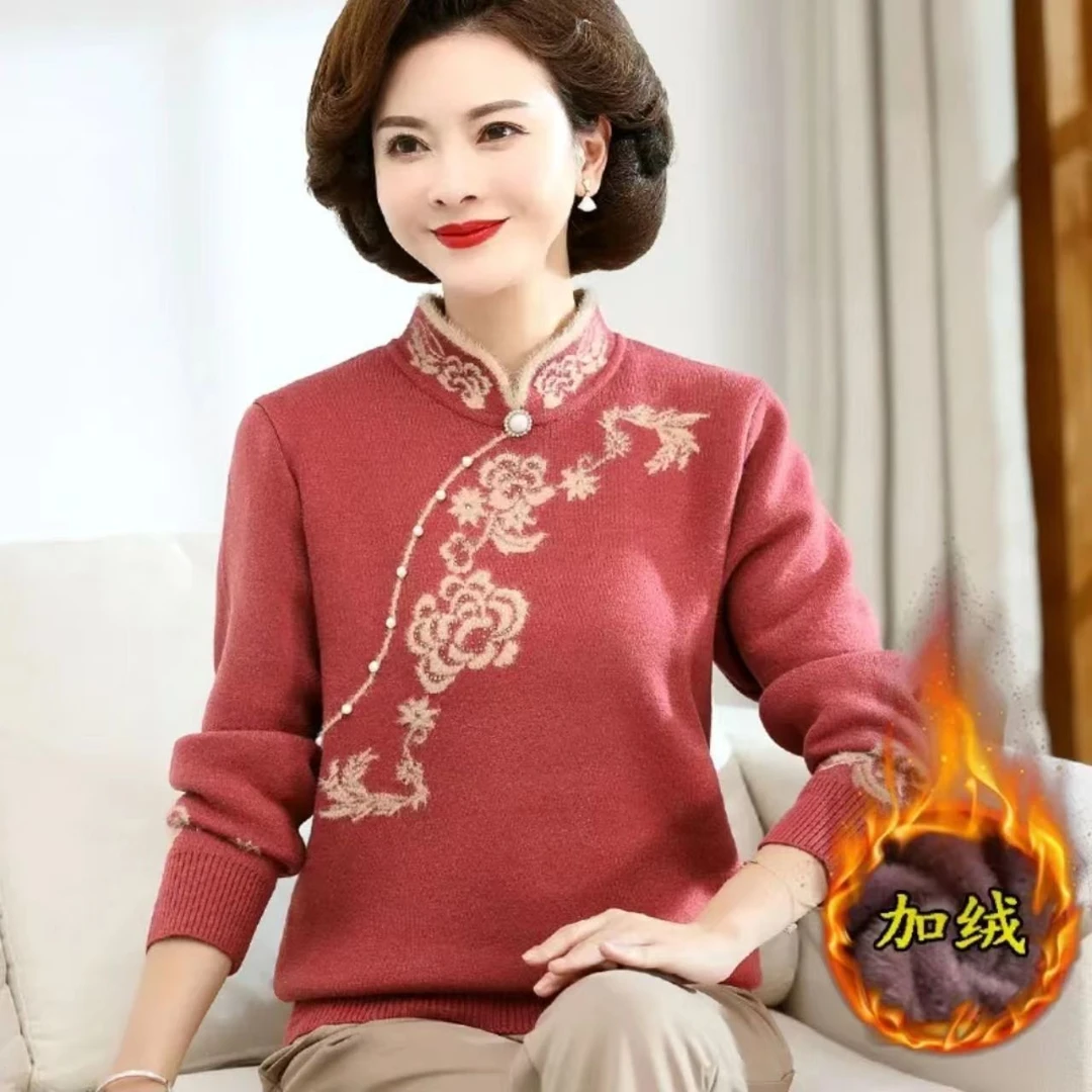 妈妈装加绒加厚毛衣中老年女装冬季绣花宽松保暖针织一体绒打底衫