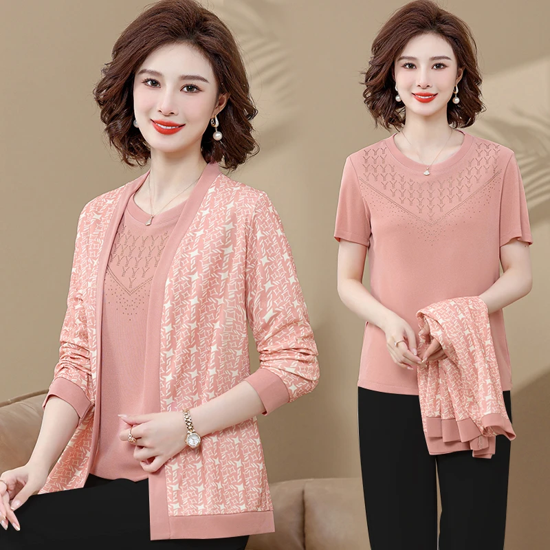 时尚妈妈装两件套上衣中老年女装春夏装两件套装中年洋气秋装