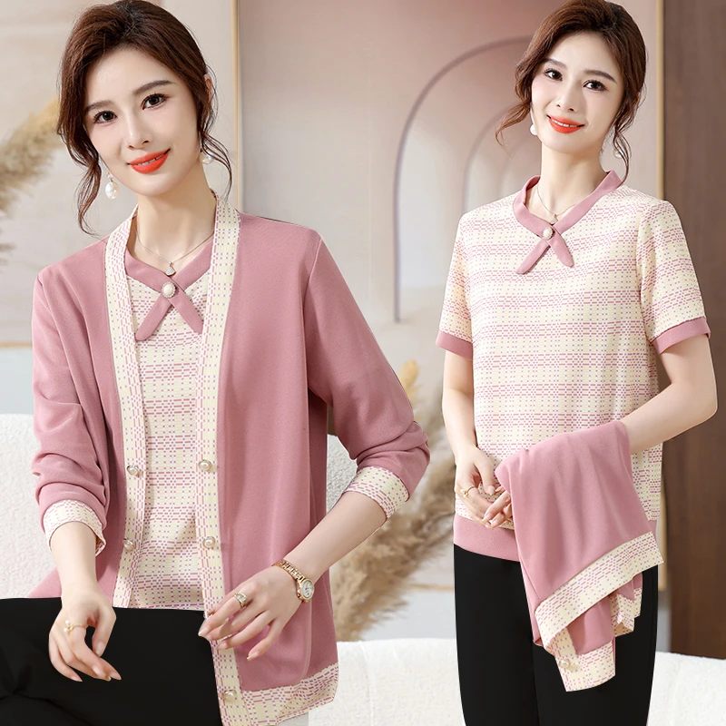 洋气妈妈装春秋针织衫两件套中老年女装开衫外套中年两件套装