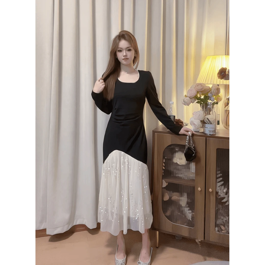 秋季新款时尚款拼接网纱珠片裙摆气质法式超显瘦连衣裙