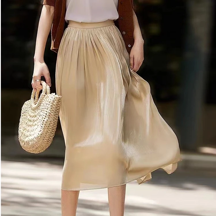 2025鎏金纱夏季新款珠光半身裙女薄款垂感百褶大摆中长裙子气质