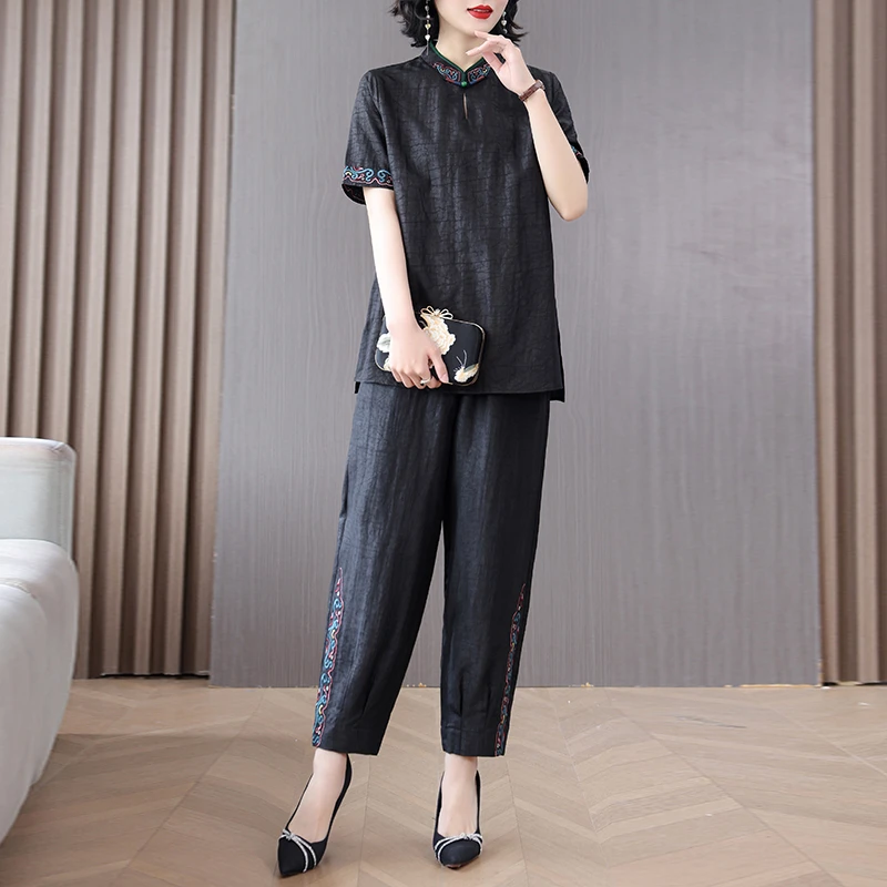 夏季大码宽松时尚休闲洋气短袖阔太太中年妈妈装桑蚕丝套装两件套