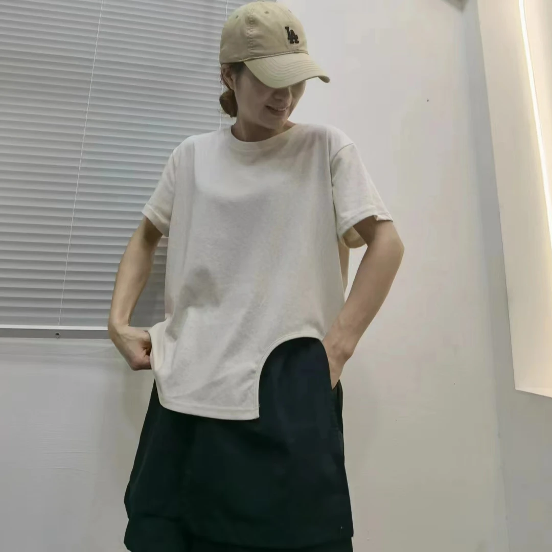 日系简约弧形T恤运动休闲百搭夏季宽松圆领纯色潮韩版舒适时尚