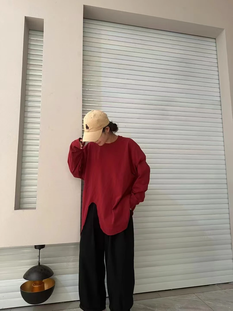 春秋季新款麻棉侧开叉8887宽松休闲大版时尚百搭T恤不规则纯色ins
