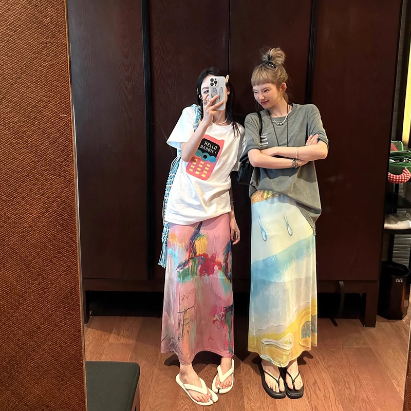 网纱印花半身裙女夏季高腰设计感小众艺术感半裙长款开叉直筒裙子