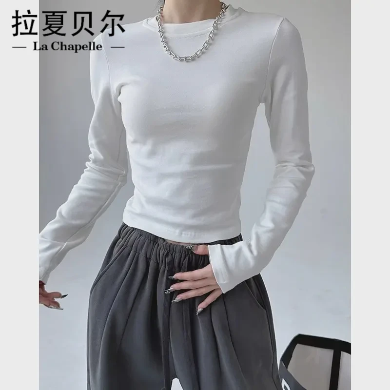 La Chapelle/拉夏贝尔 秋冬纯色正肩长袖T恤女2024百搭休闲上衣修