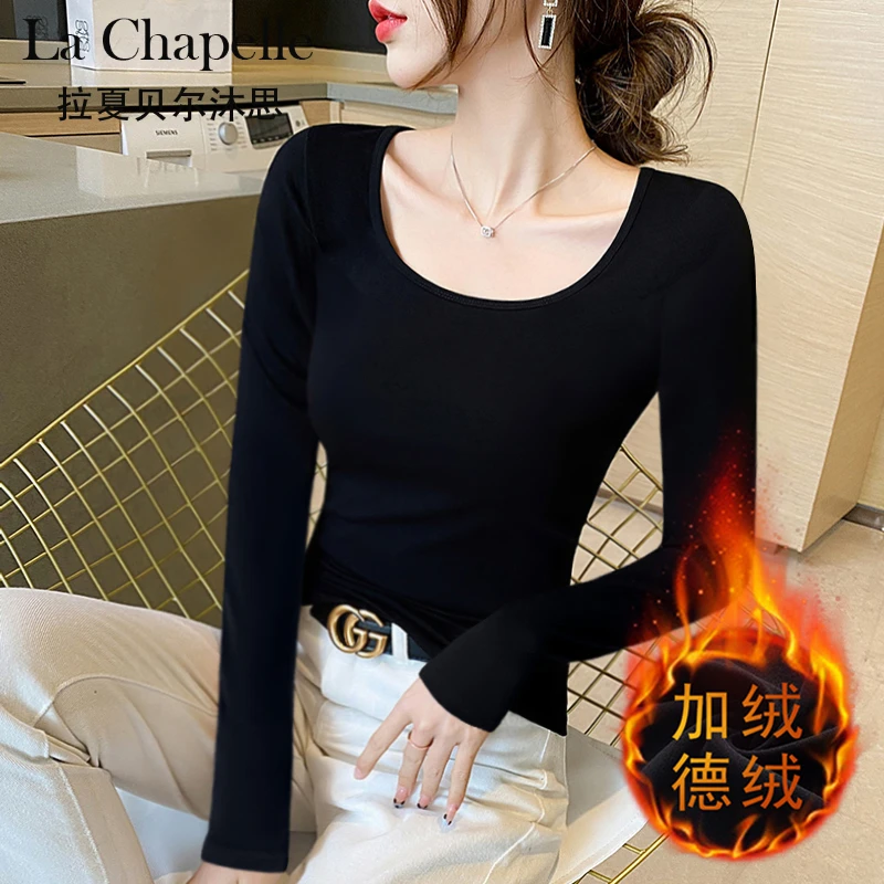 拉夏贝尔德绒加绒加厚黑色打底衫女款内搭秋冬低圆领长袖保暖修身
