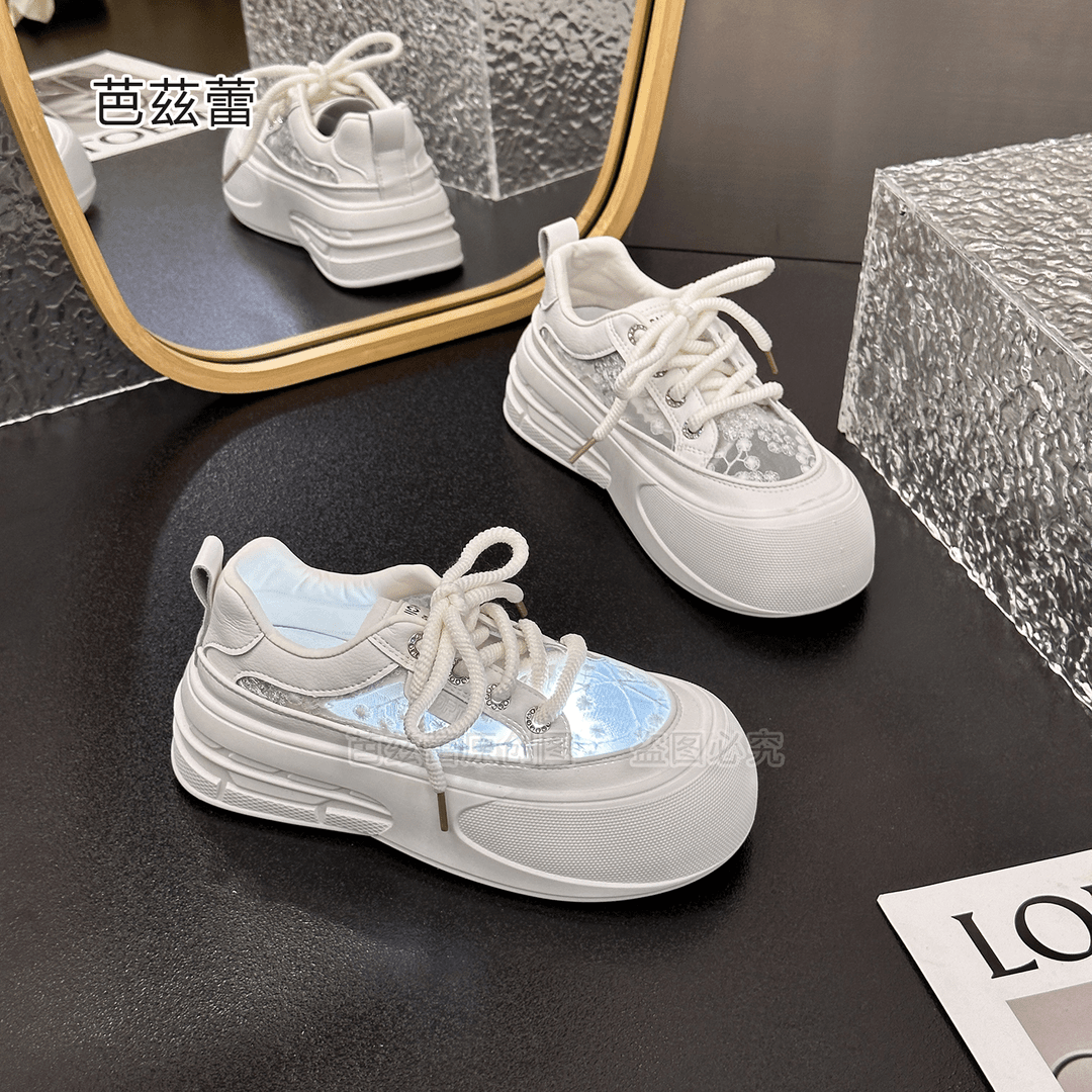 小白鞋子女透气网面2024夏季新款厚底松糕时尚百搭休闲鞋B12白色