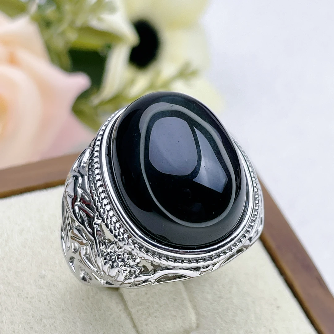 稳重百搭黑曜石男戒指复古开口黑曜石戒指工艺正品男大气戒指B13