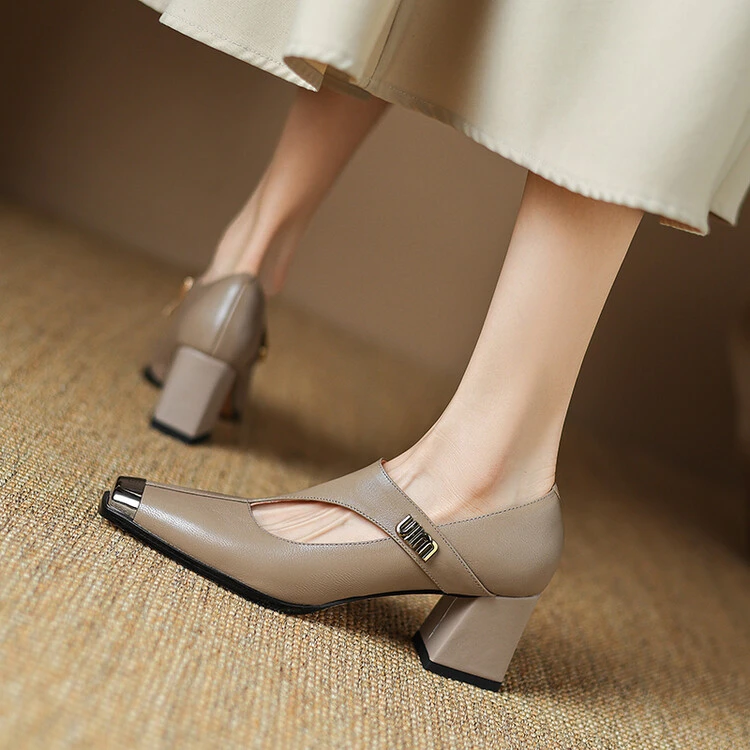 羊皮6cm/34-42/出游穿搭百搭设计感时尚复古风方头高粗跟气质单鞋