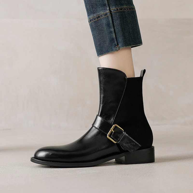 牛皮3公分真皮粗跟短靴女英伦风秋冬新款马丁靴复古拼接圆头女靴