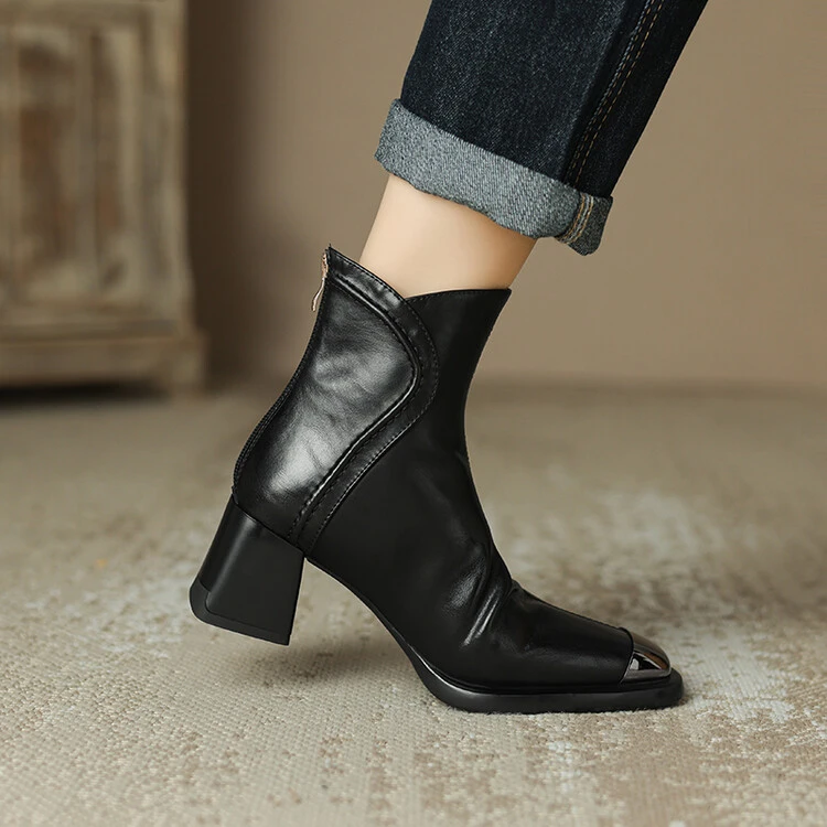牛皮5cm粗跟方头时装短靴时尚百搭法式秋冬新款百搭黑色真皮女鞋