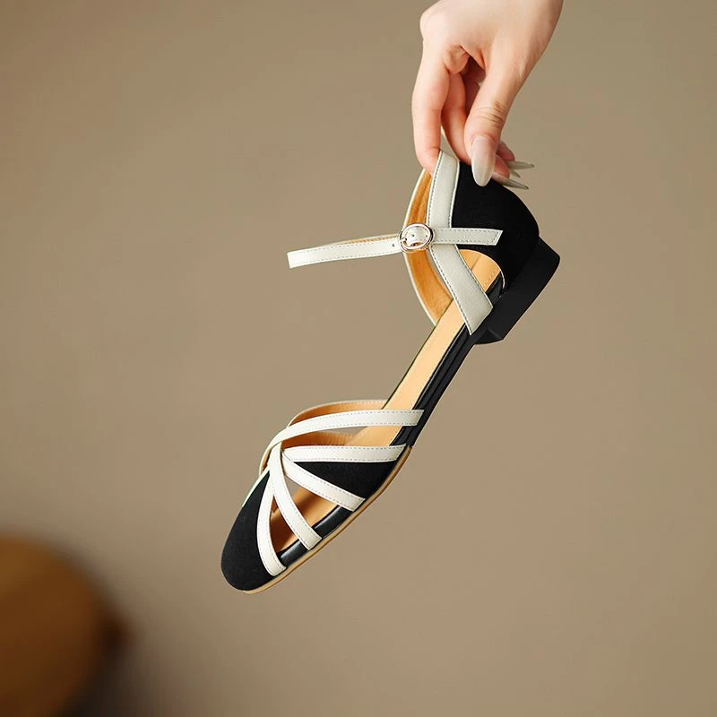 羊皮1.5公分平底真皮凉鞋时尚百搭夏季法式仙女风交叉一字带女鞋