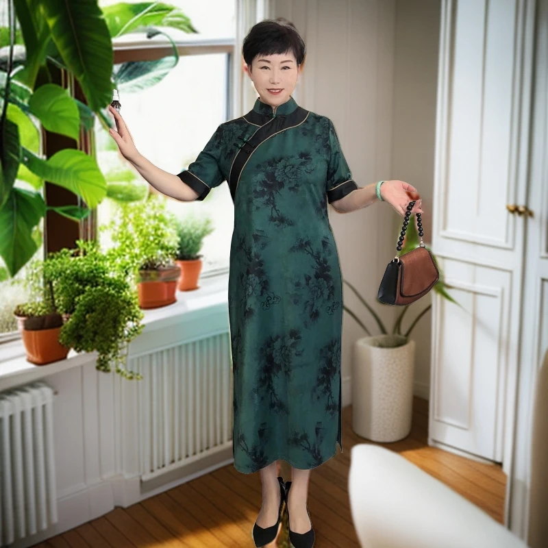 【陌上花开】夏季大码中国风旗袍长款印花国风旗袍丝缎绿色气质