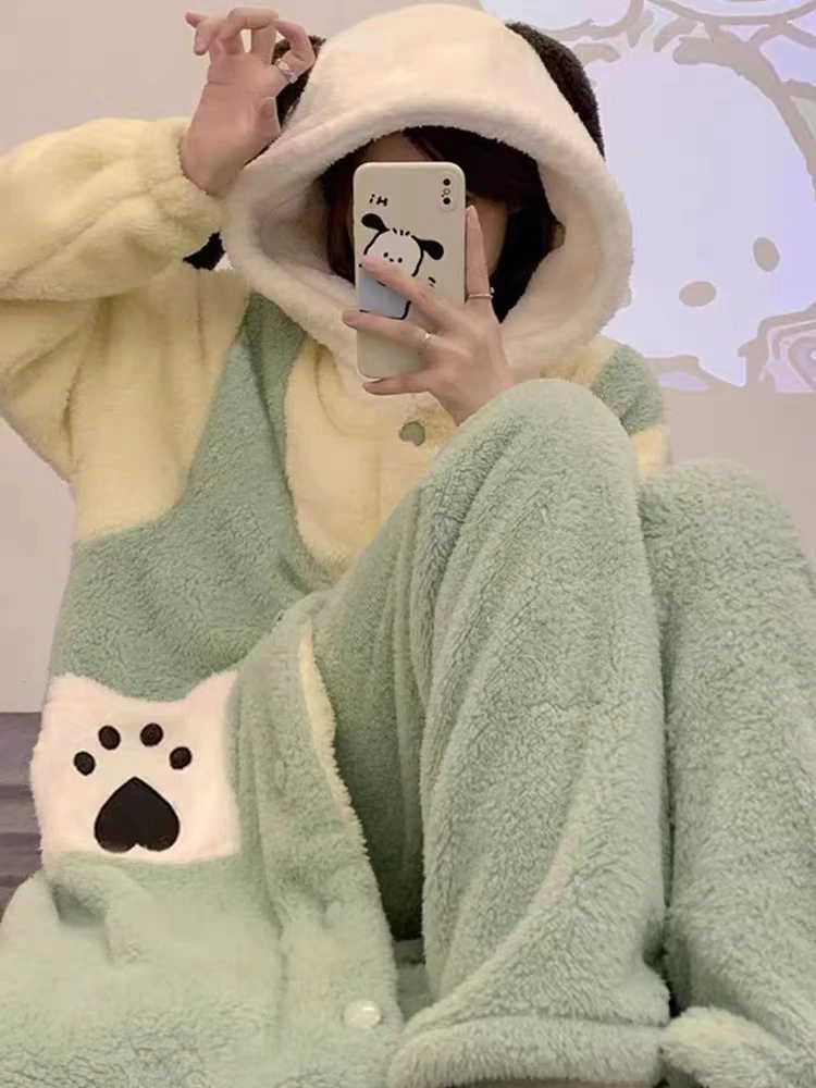 帕加狗睡衣女款秋冬季中长款可外穿可爱睡袍学生冬天家居服毛绒