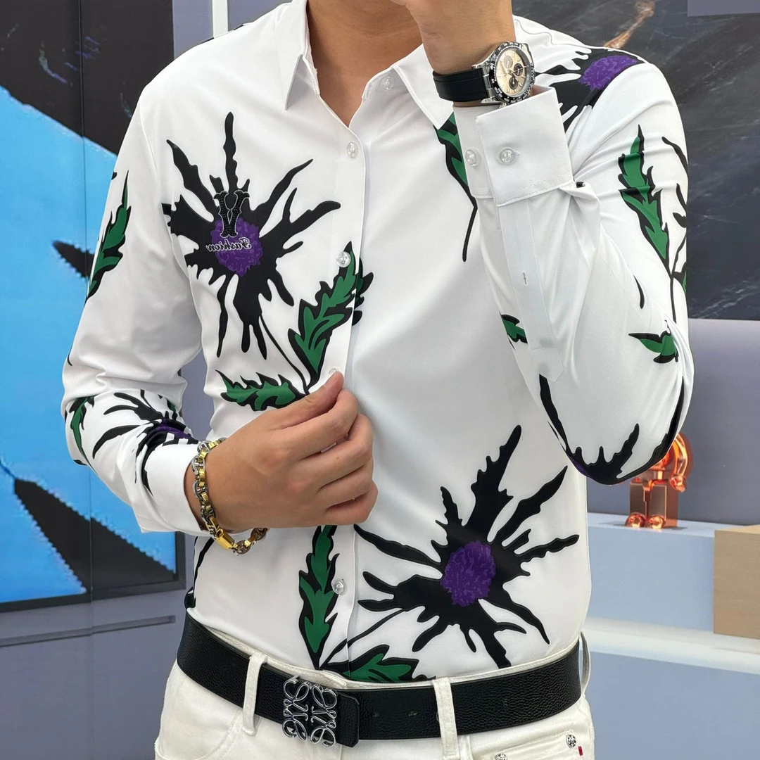 2024年秋季新款男士高品质弹力潮流休闲大气印花长袖衬衫82410