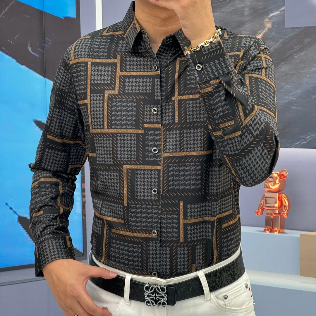 2024年新款秋季高品质弹力免熨烫无痕时尚潮流印花款长袖衬衫9565