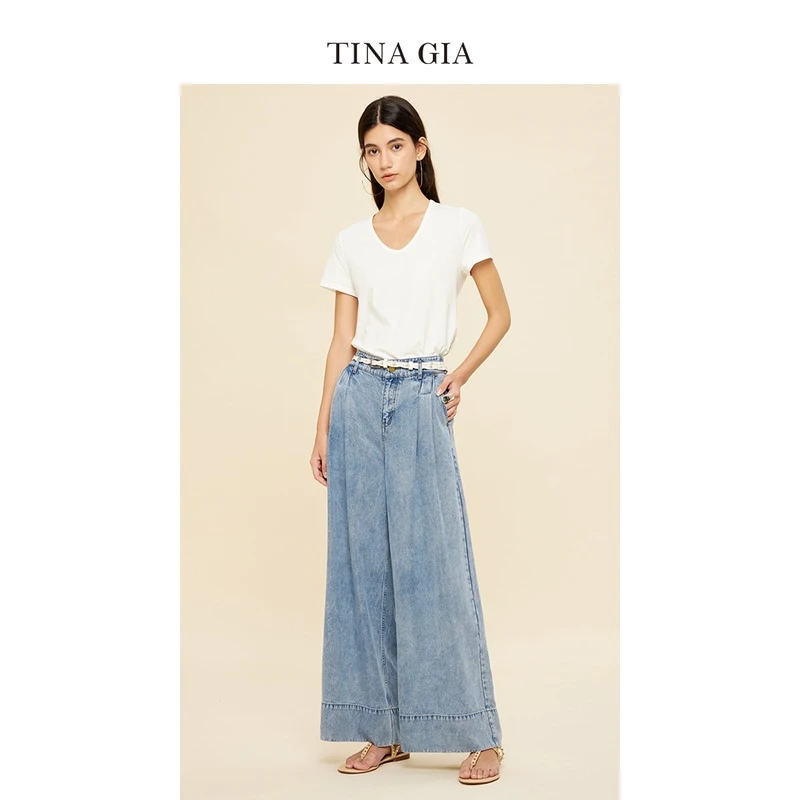 辛小北专属TINAGIA天纳吉儿2024夏新品棉混纺U型领不规则下摆T恤T