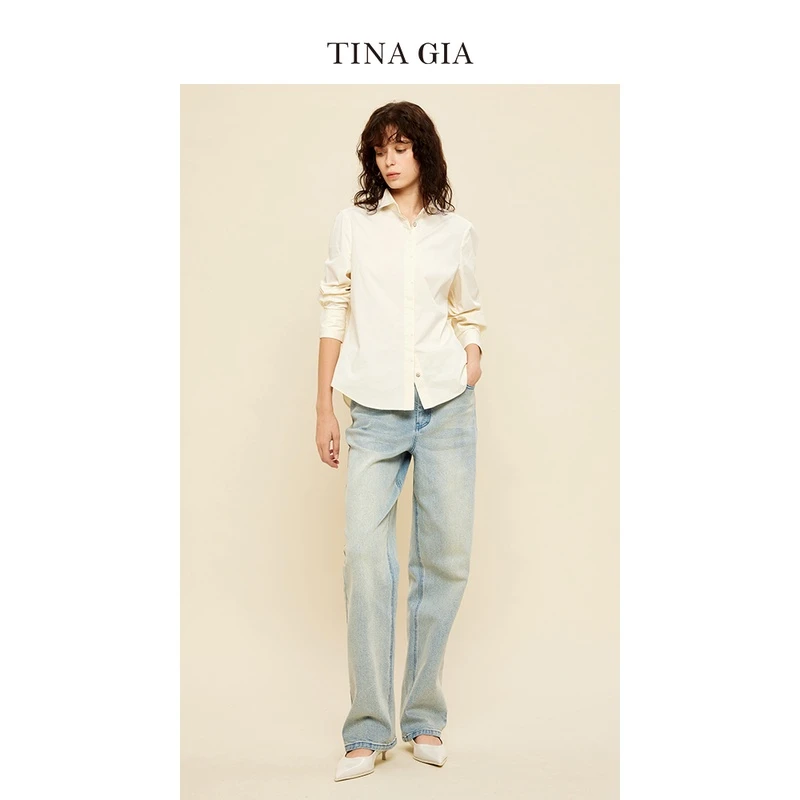 辛小北专属TINAGIA天纳吉儿2024夏新棉混纺收腰袖克夫小翻领衬衫T