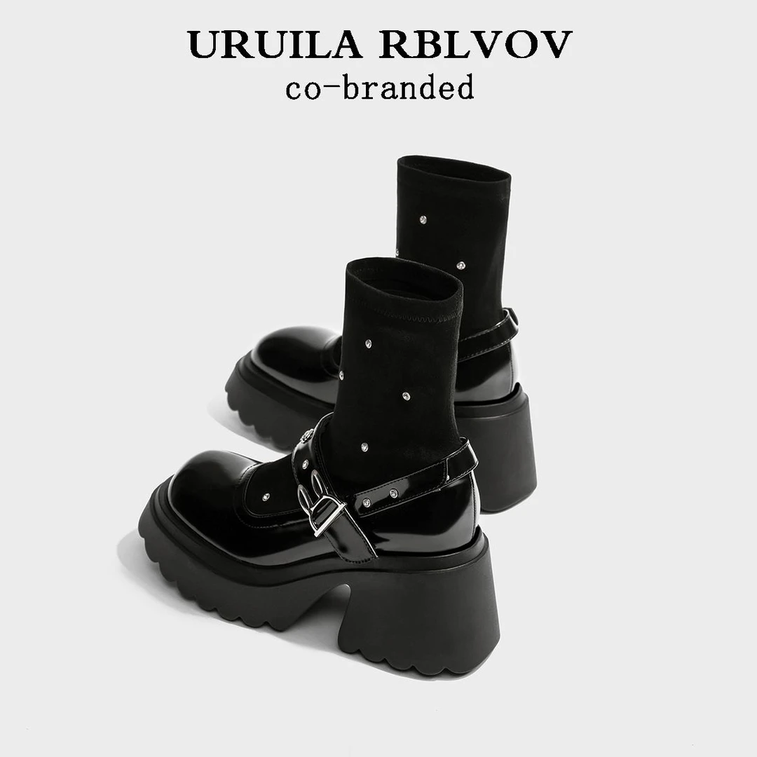 URUILARBLVOV靴子女弹力靴小个子增高水钻玛丽珍短靴厚底袜子靴
