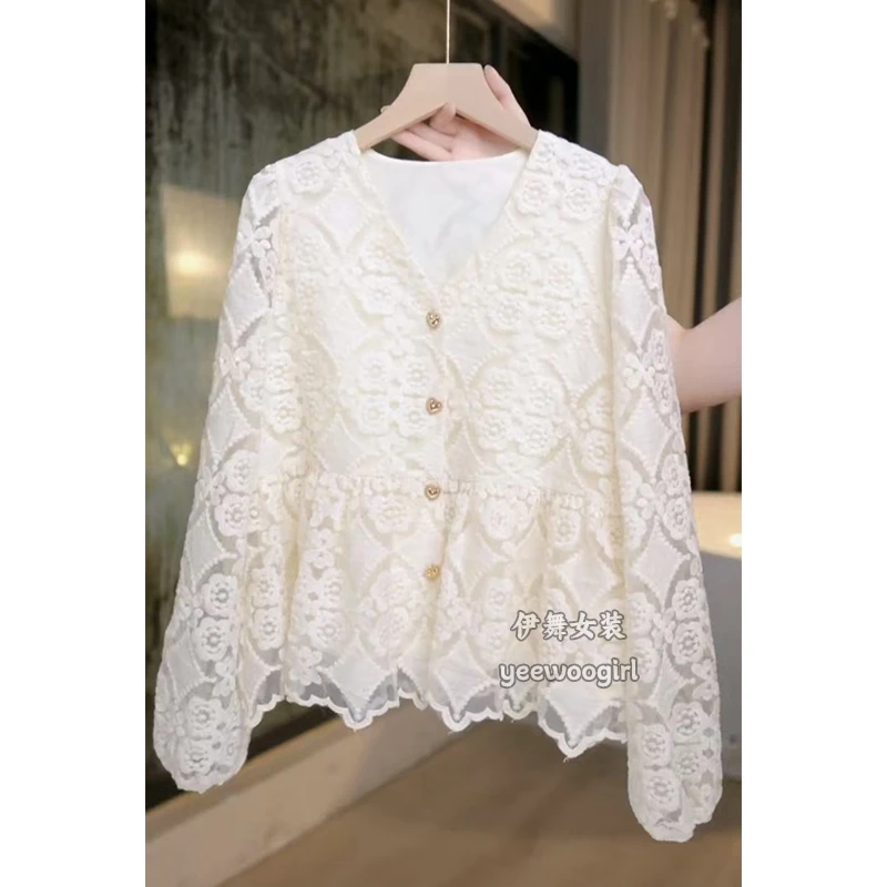 【伊舞】气质小碎花V领长袖衬衫女2025新款设计感镂空宽松小众衬衣