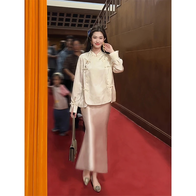 凌茜【里安】新中式国风复古肌理缎面斜裁半裙暗纹缎面提花长袖上衣