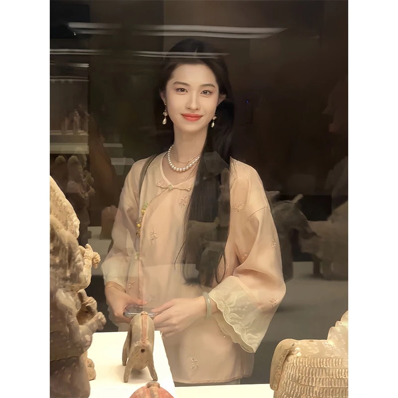 凌茜【克莱尔】新中式国风复古高密缎面蕾丝长半裙绣花钉珠花边上衣