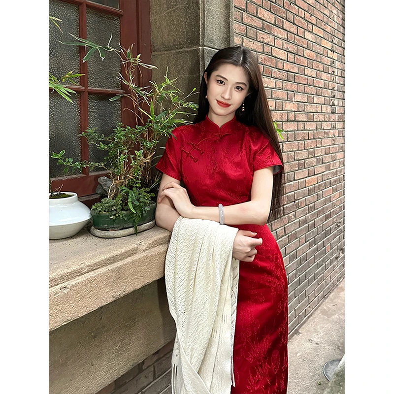 凌茜  恣禾【苏芳】早秋复古新中式中国风手工提花红色显瘦旗袍裙子