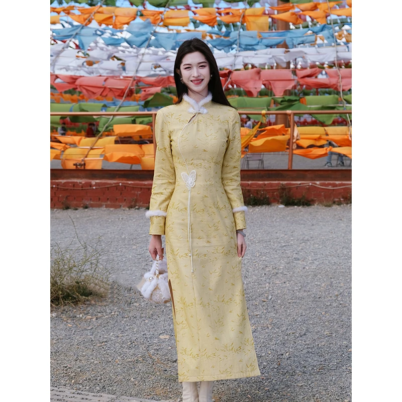 凌茜【清川】新中式印花改良旗袍秋冬款女毛毛拼接连衣裙