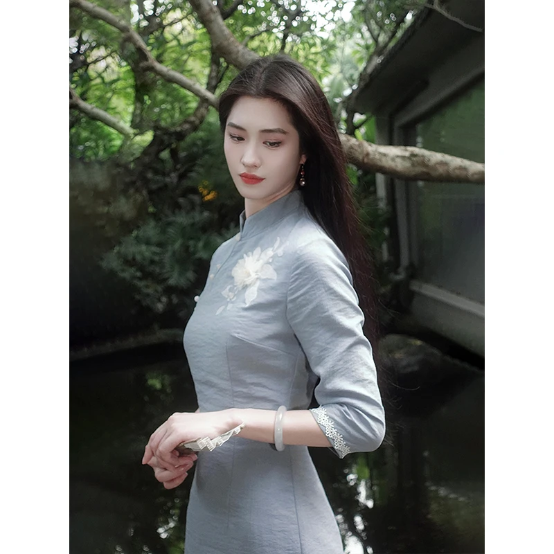 凌茜【花溪梦】早秋新中式国风复古印花珠扣花边立体显瘦收腰旗袍裙