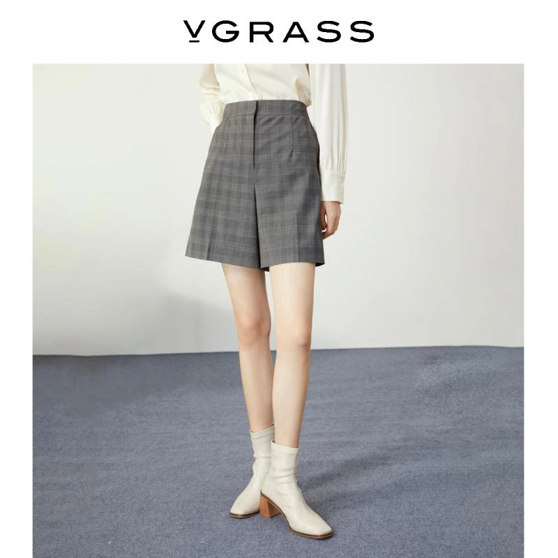 VGRASS维格娜丝春季新款百搭气质休闲时尚阔腿格纹短裤VSK3N11050