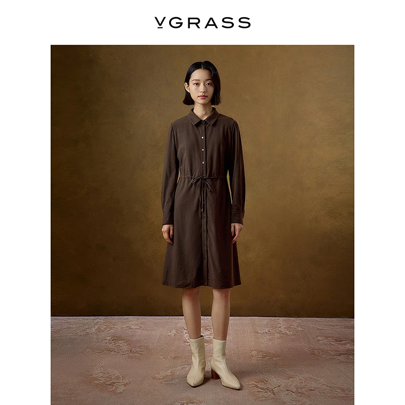 VGRASS维格娜丝冬季新款时尚气质衬衫式抽绳连衣裙DSL2P4218Z