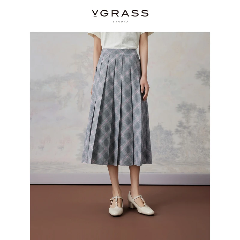 【晨粉专享价】VGRASS夏季新款优雅减龄立体百褶格纹半裙DSB2P2A11Z